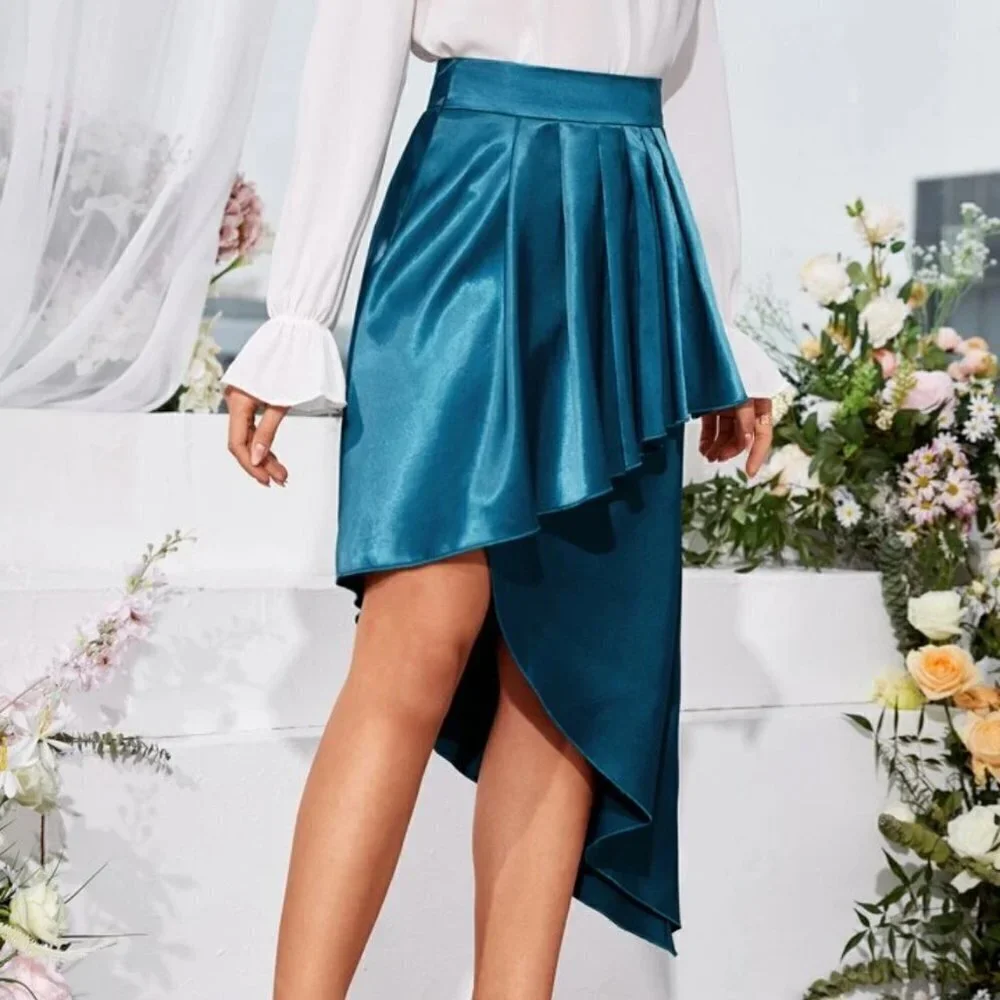 Shein Teal Unity Ruffle Trim Asymmetrical Hem Satin Skirt, Size Large